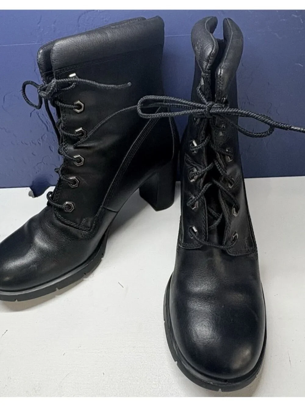 TIMBERLAND Women Anime Lace Up Heeeled Leather Booties Sz 8M Black‎